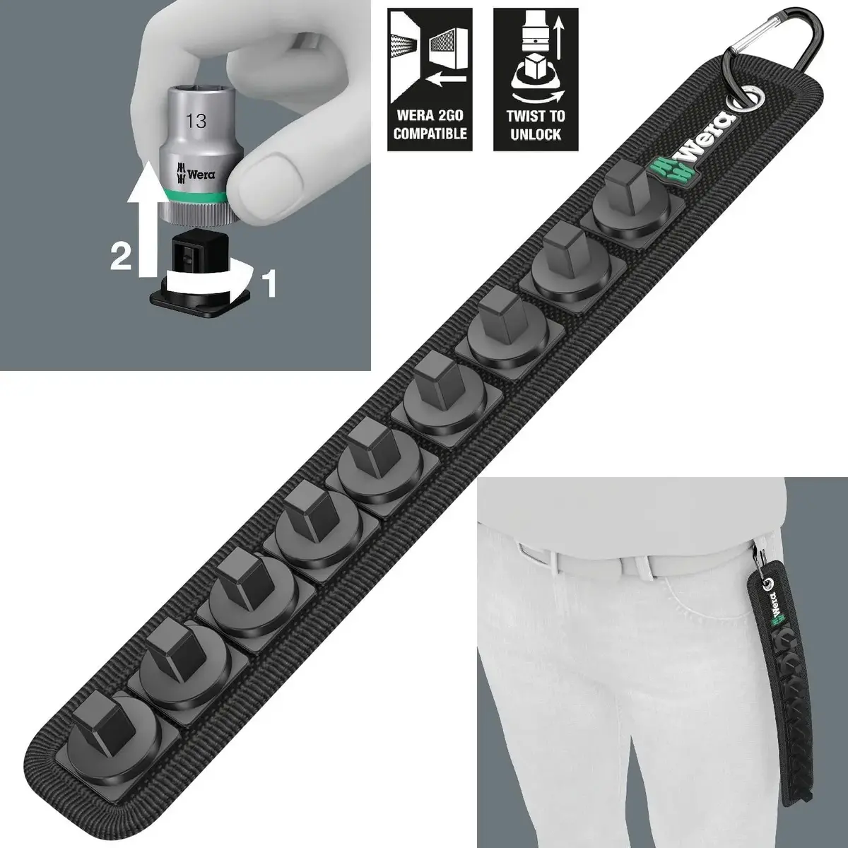 Wera Socket Rail B 3/8" Drive Textile Belt With Carabiner 9 Location Twist To Unlock Unloaded 1