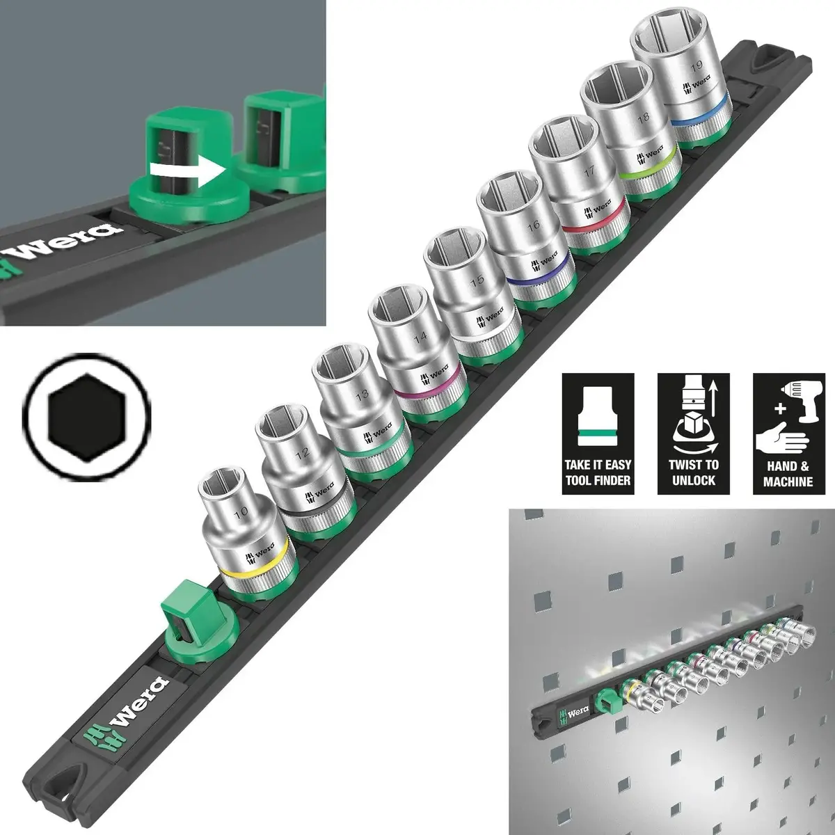 Wera Socket Set 1/2" Drive On Magnetic Socket Rail C 4 Zyklop 9 Pieces Metric 10-19Mm 1