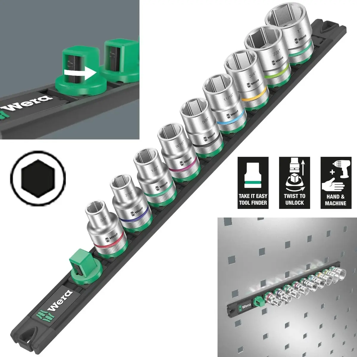 Wera Socket Set 1/2" Drive On Magnetic Socket Rail C Imperial 1 Zyklop 9 Pieces 3/8" To 1 1