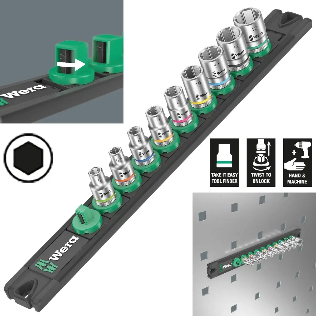 Wera Socket Set 1/4" Drive On Magnetic Socket Rail A 4 Zyklop 9 Pieces Metric 5-13Mm 1