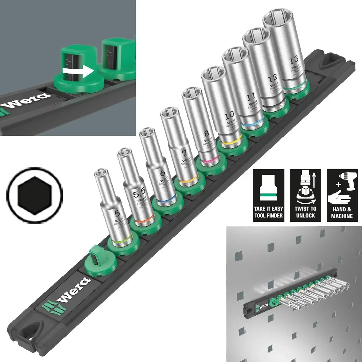 Wera Socket Set 1/4" Drive On Magnetic Socket Rail A Deep 1 Zyklop 9 Pieces Metric 5-13Mm 1
