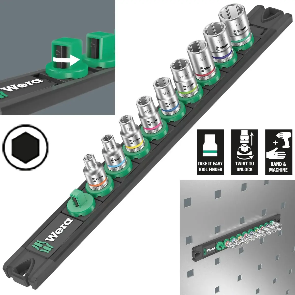 Wera Socket Set 1/4" Drive On Magnetic Socket Rail A Imperial 1 Zyklop 9 Pieces 3/16" To 1/2 1