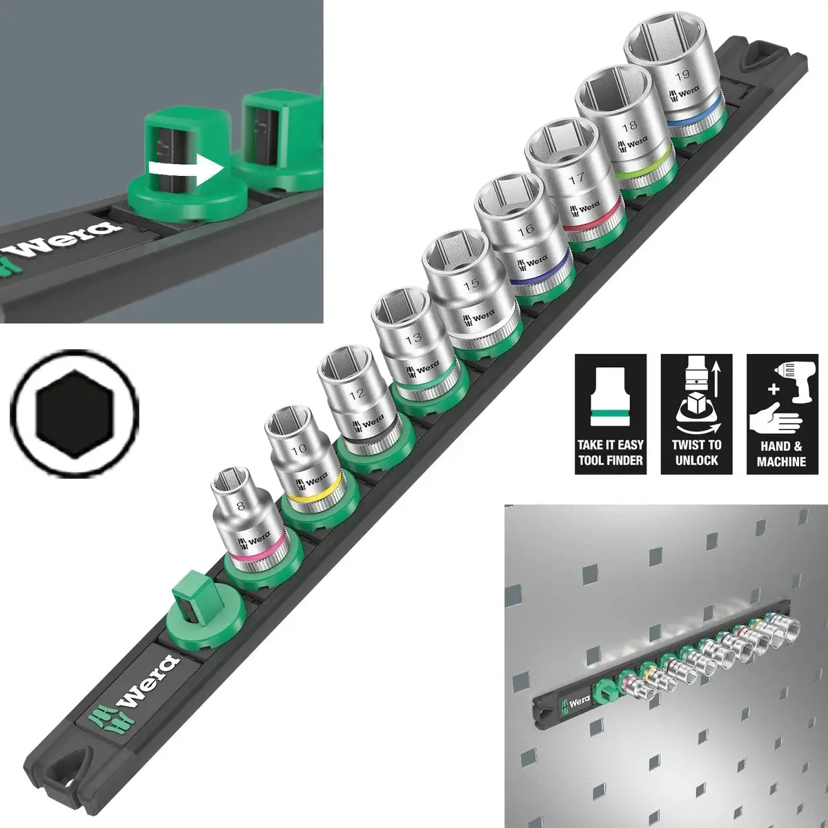 Wera Socket Set 3/8" Drive On Magnetic Socket Rail B 4 Zyklop 9 Pieces Metric 8-19Mm 1