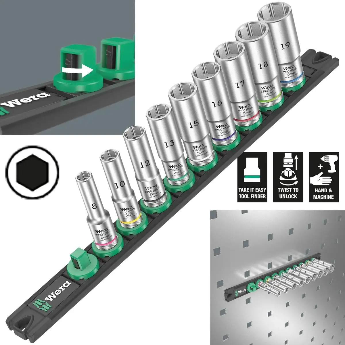Wera Socket Set 3/8" Drive On Magnetic Socket Rail B Deep 1 Zyklop 9 Pieces Metric 8-19Mm 1