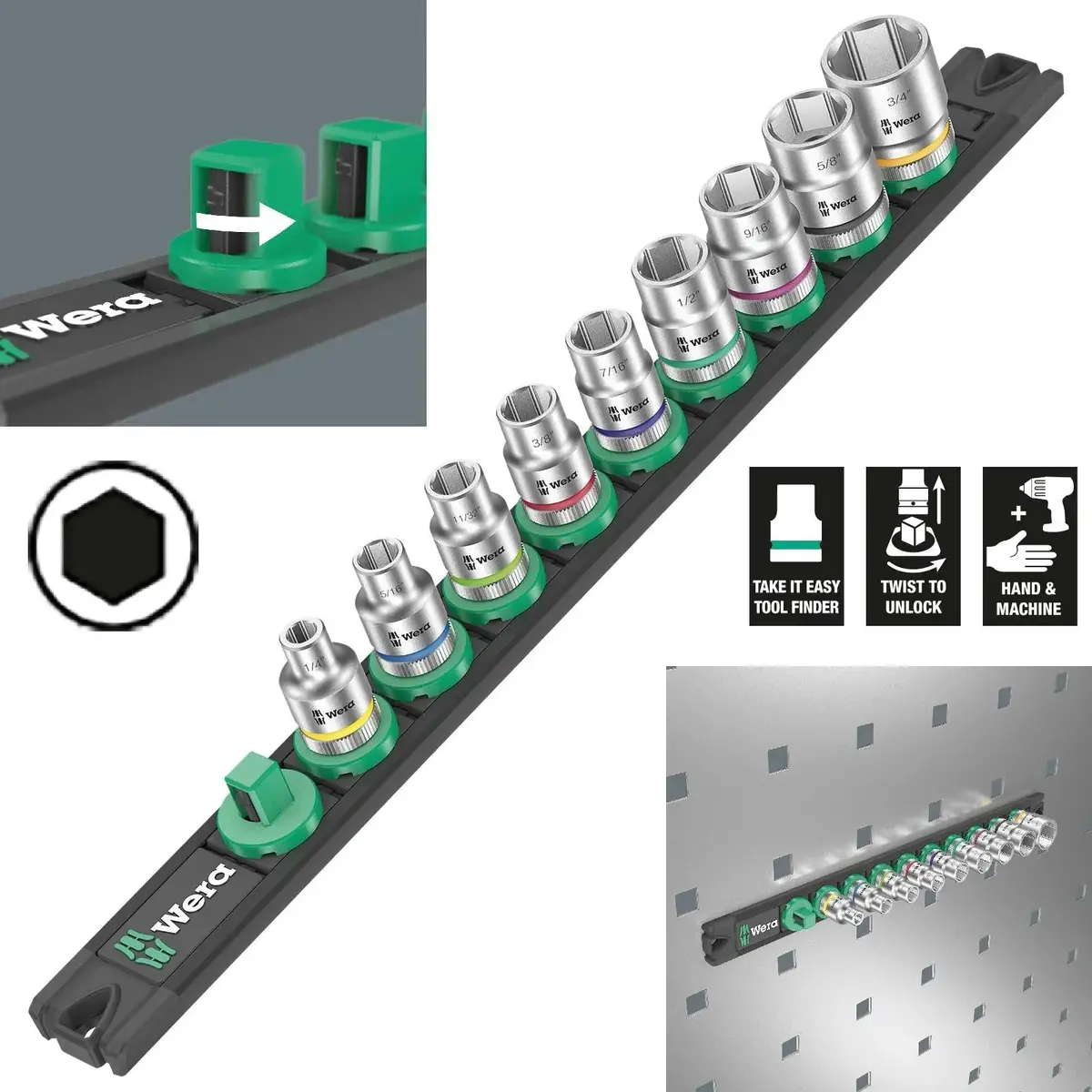 Wera Socket Set 3/8" Drive On Magnetic Socket Rail B Imperial 1 Zyklop 9 Pieces 1/4" To 3/4 1