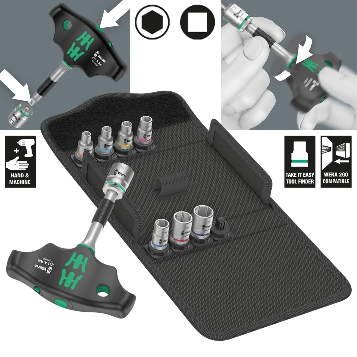 Wera T-Handle Adaptor Screwdriver 1/4" Drive With Ratchet Function 400 Ra Imperial Set 2 9 Pieces 1