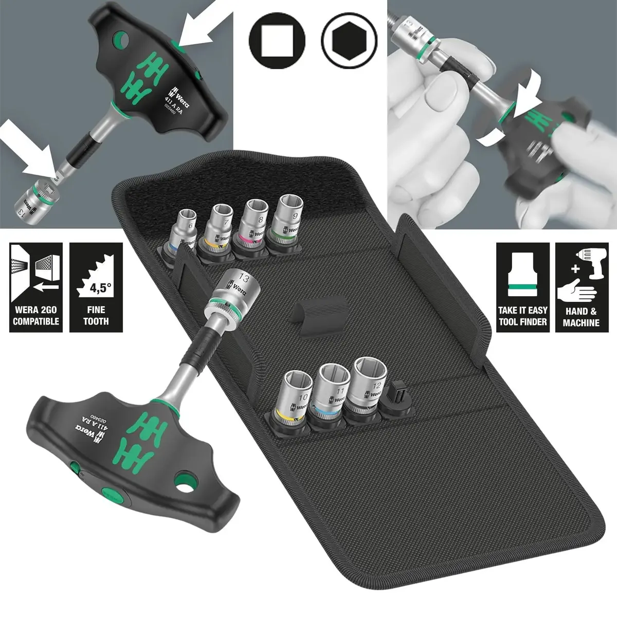 Wera T-Handle Adaptor Screwdriver 1/4" Drive With Ratchet Function 400 Ra Set 2 9 Pieces 6-13Mm Sockets 1