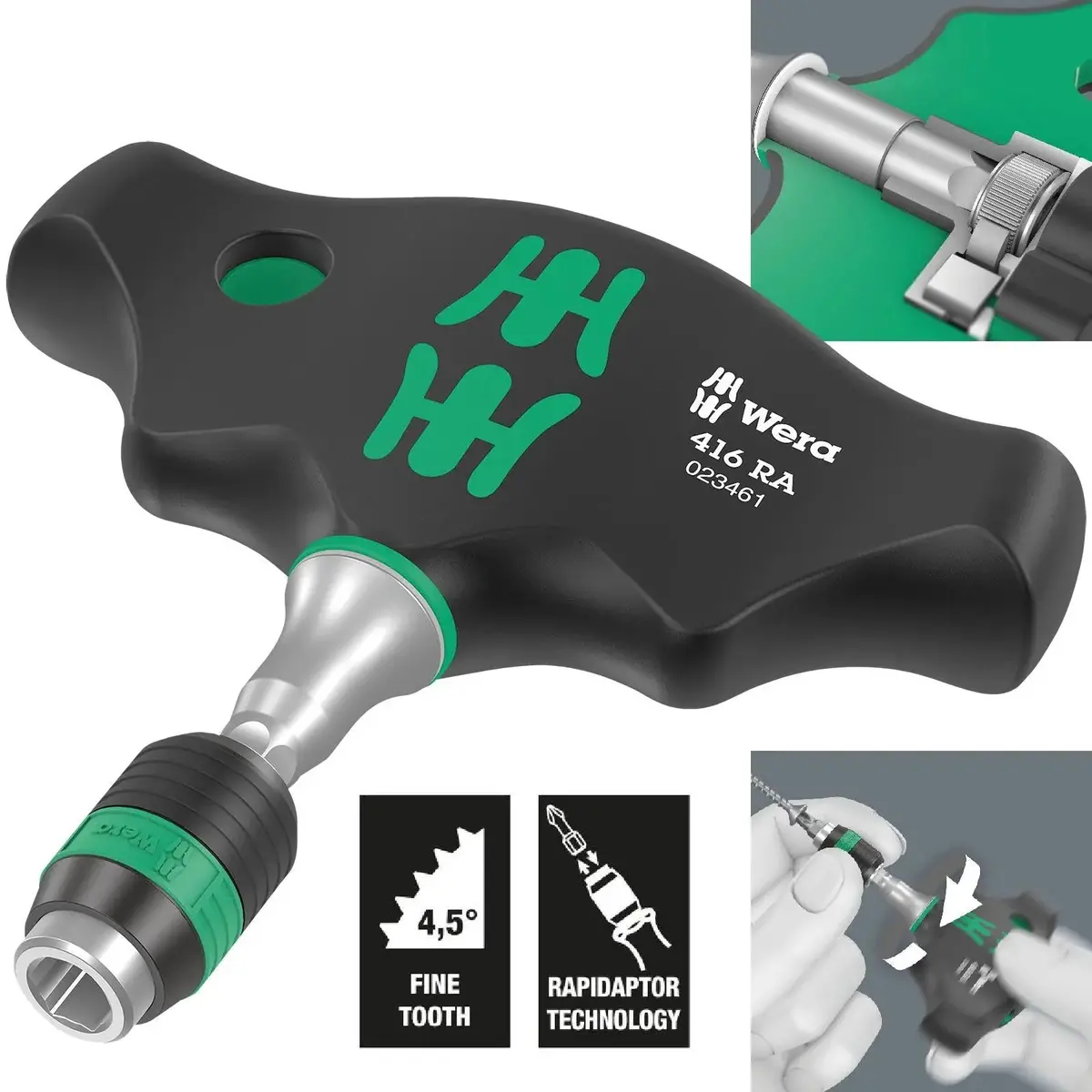 Wera T-Handle Screwdriver 1/4" Hex With Ratchet Function 416 Ra Rapidaptor Quick Release Chuck 1