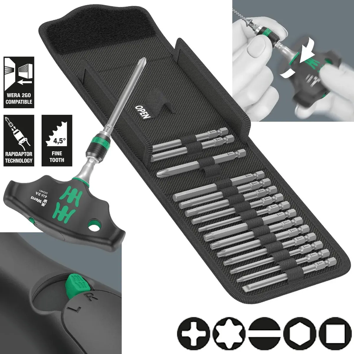 Wera T-Handle Screwdriver 1/4" Hex With Ratchet Function Rapidaptor Chuck 400 Ra Imperial Set 1 17 Pieces 1