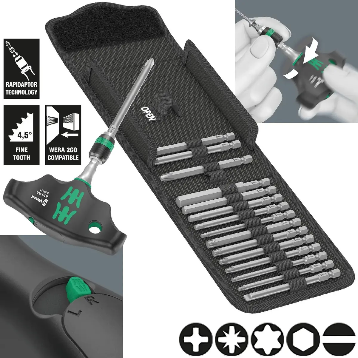 Wera T-Handle Screwdriver 1/4" Hex With Ratchet Function Rapidaptor Chuck 400 Ra Set 1 17 Pieces 1