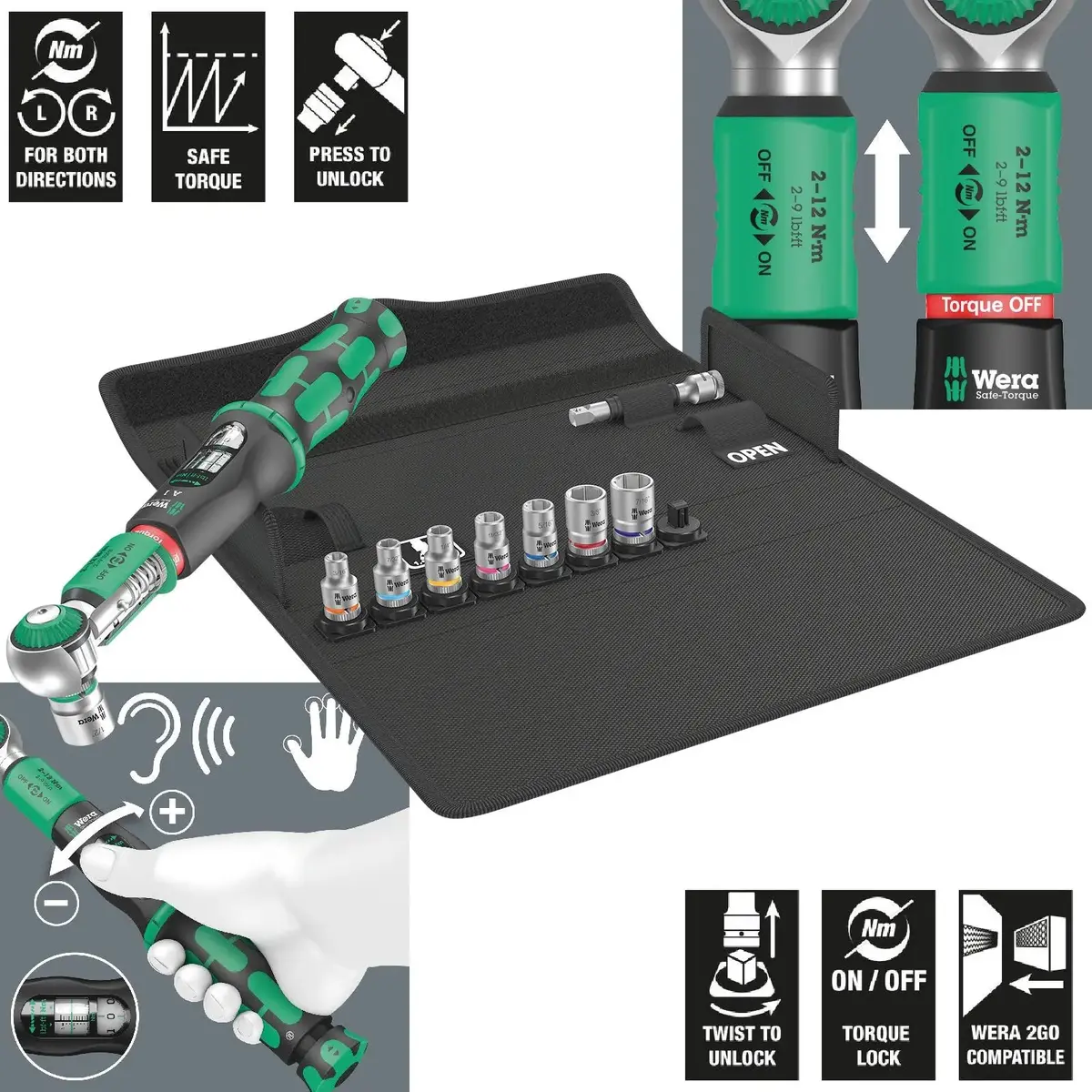 Wera Torque Wrench Safe-Torque A 1 Imperial Set 1 1/4" Drive 2-12 Nm 10 Pieces Reversible 1