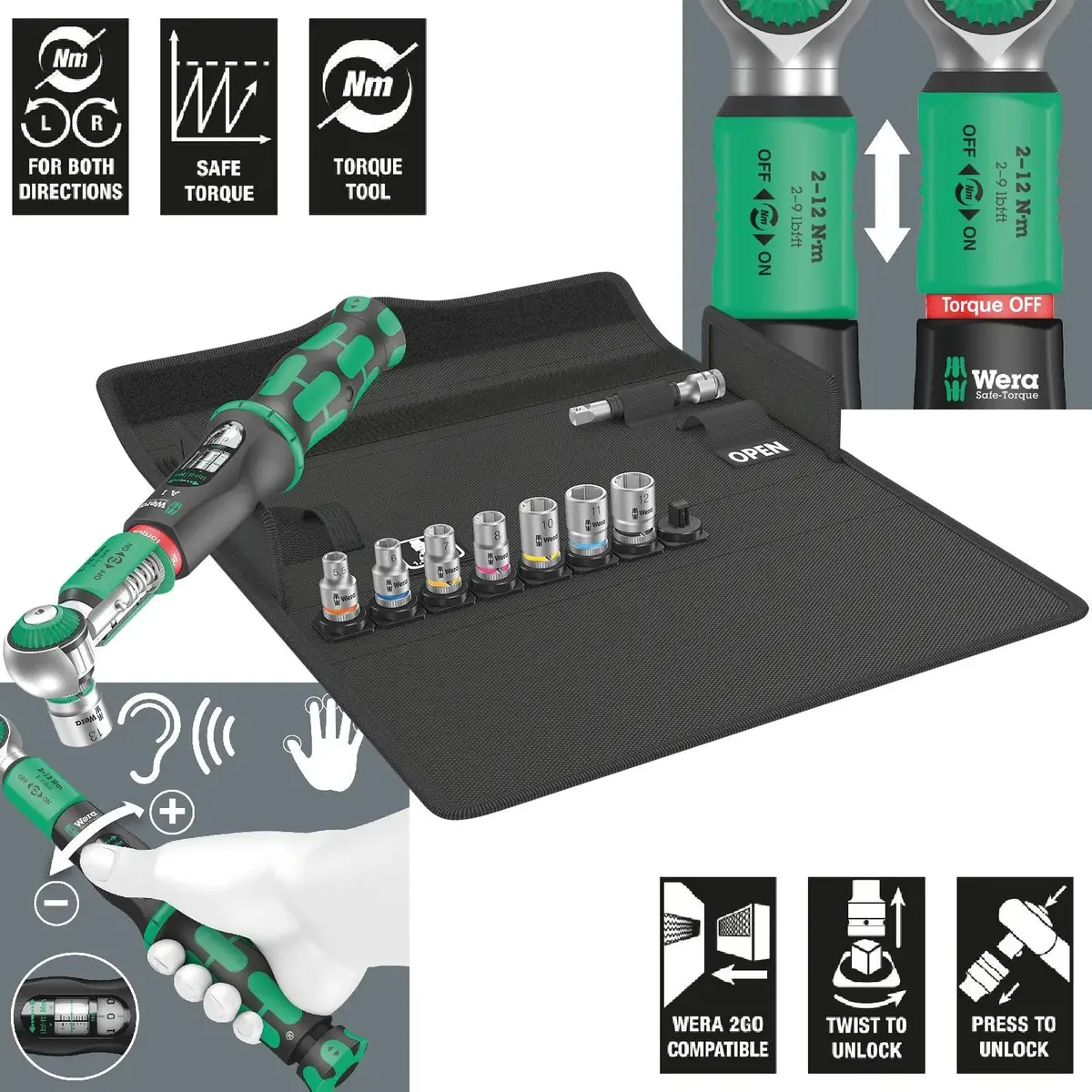 Wera Torque Wrench Safe-Torque A 1 Set 1 1/4" Drive 2-12 Nm 10 Pieces Reversible 1