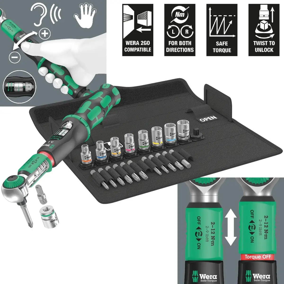 Wera Torque Wrench Safe-Torque A 2 Set 1 1/4" Hex Drive 2-12 Nm 23 Pieces Reversible 1