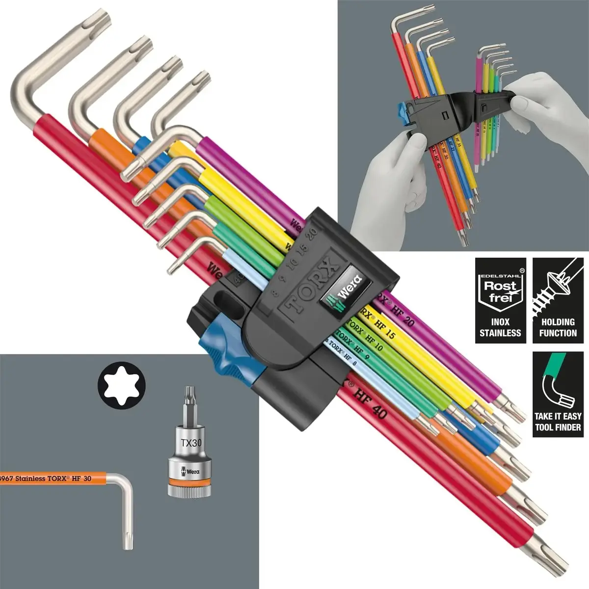 Wera Torx Key Set 3967/9 Tx Sxl Multicolour Hf Stainless Steel 1 L-Key Holding Function 9 Piece T8-T40 1
