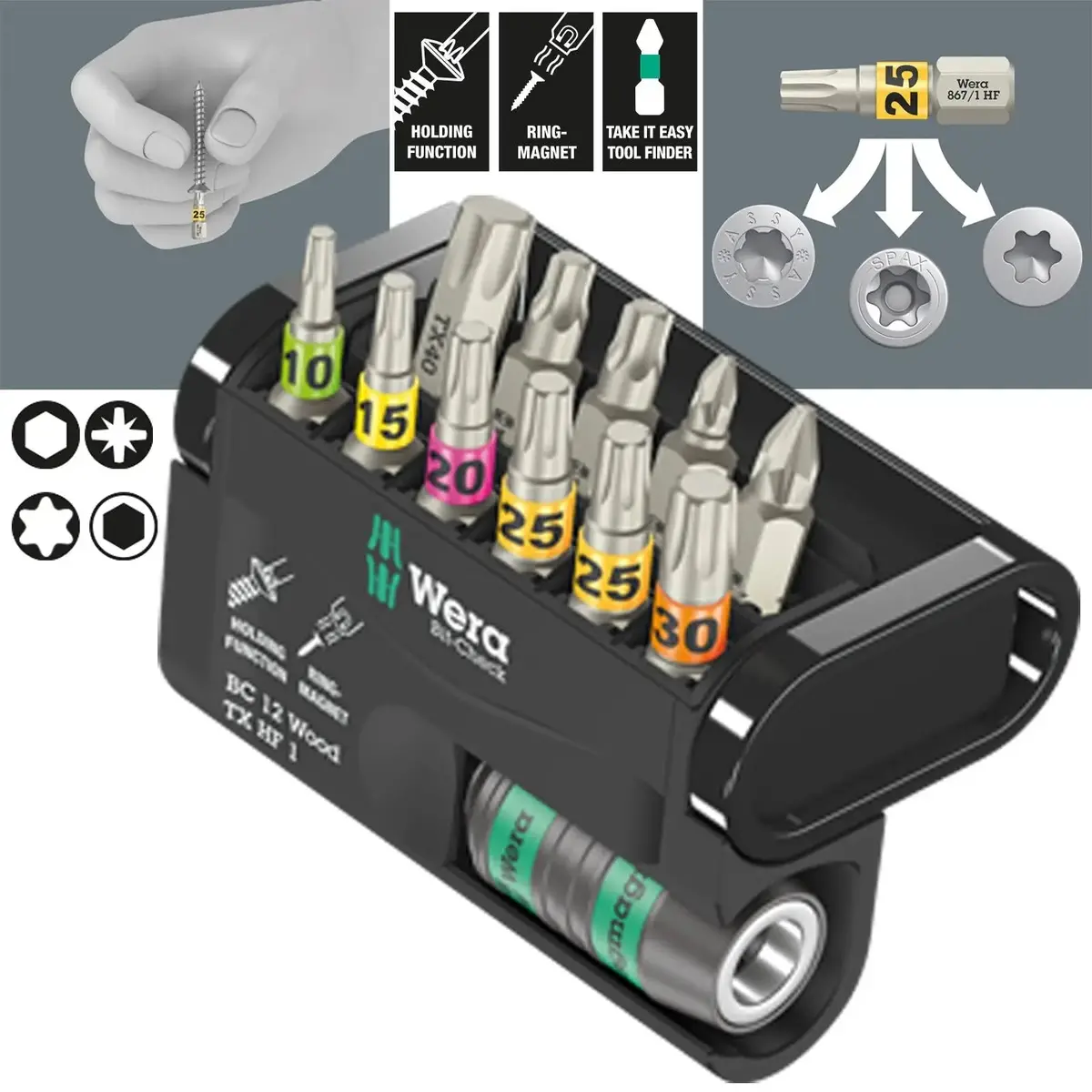 Wera Wood Screwdriver Bits Torx With Holding Function 12 Piece Bit-Check 12 Wood Tx Hf 1 1