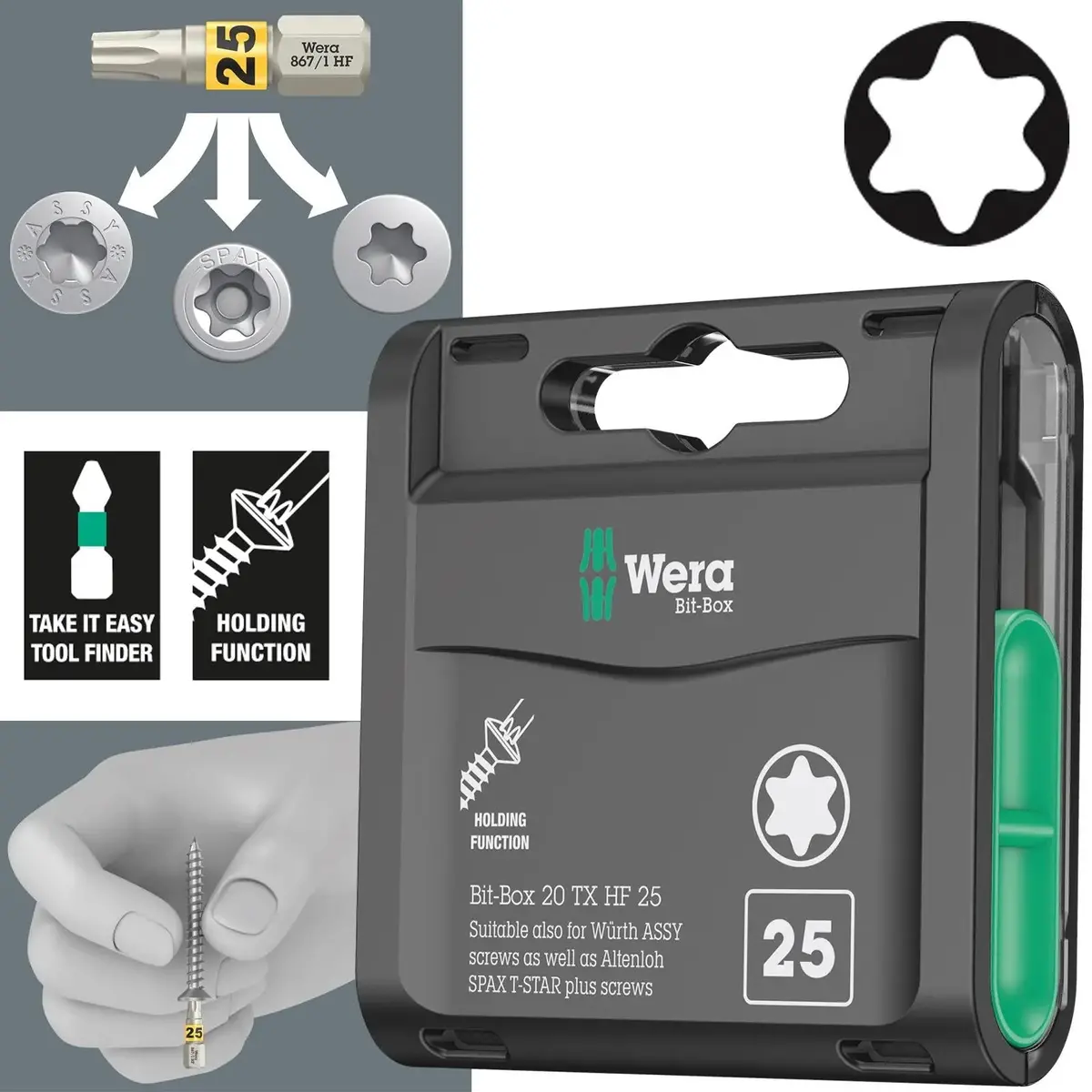Wera Wood Screwdriver Bits Torx With Holding Function 20 Piece Bit-Box 20 Tx Hf 25Mm 1