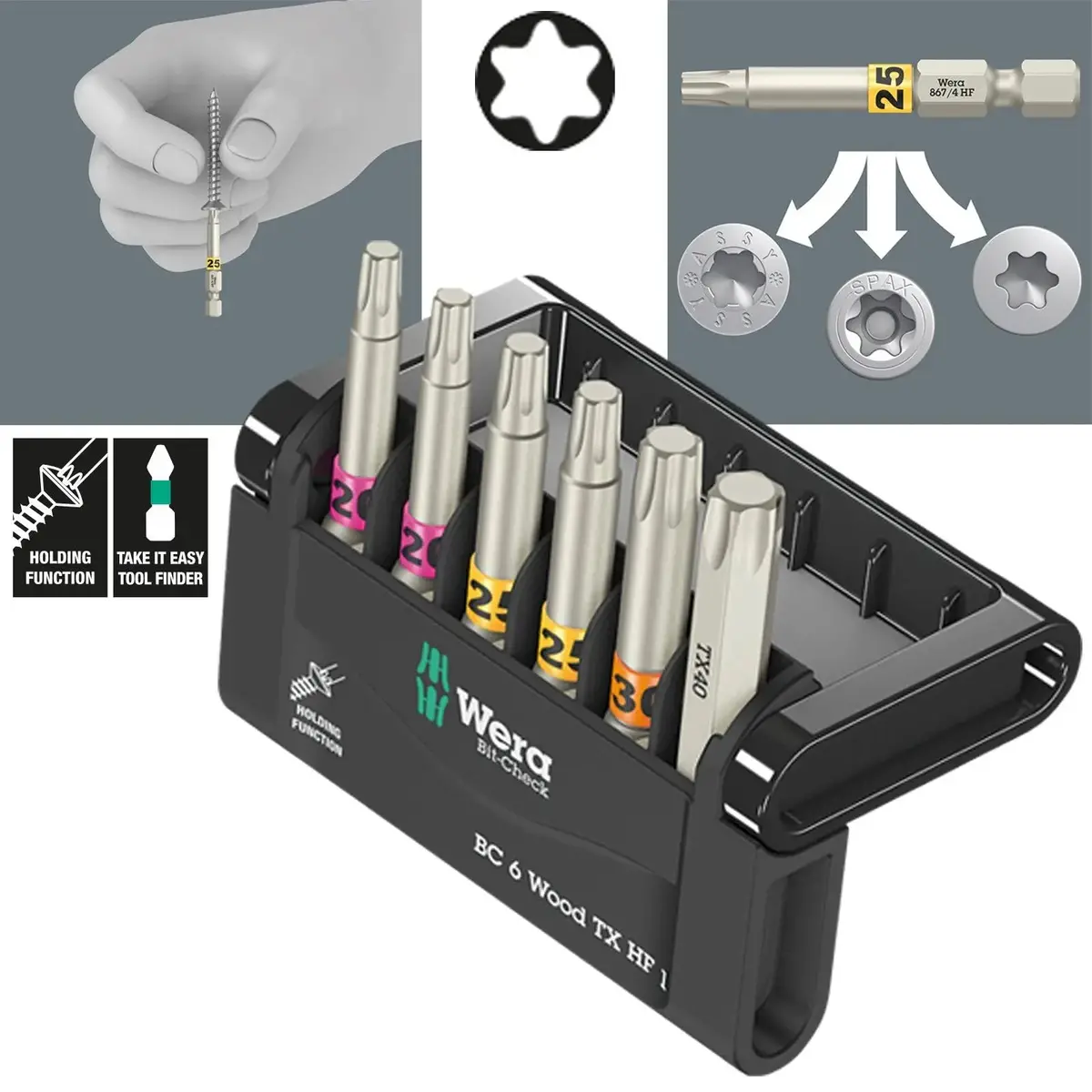 Wera Wood Screwdriver Bits Torx With Holding Function 6 Piece Bit-Check 6 Wood Tx Hf 1 1
