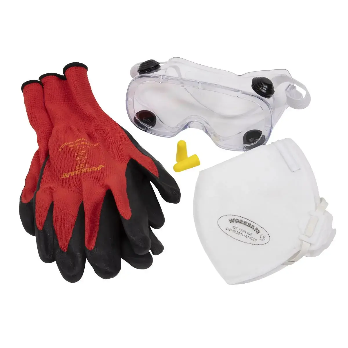 Worksafe By Sealey Flexi Grip Gloves, Ffp1 Mask, Goggles & Ear Plugs 1