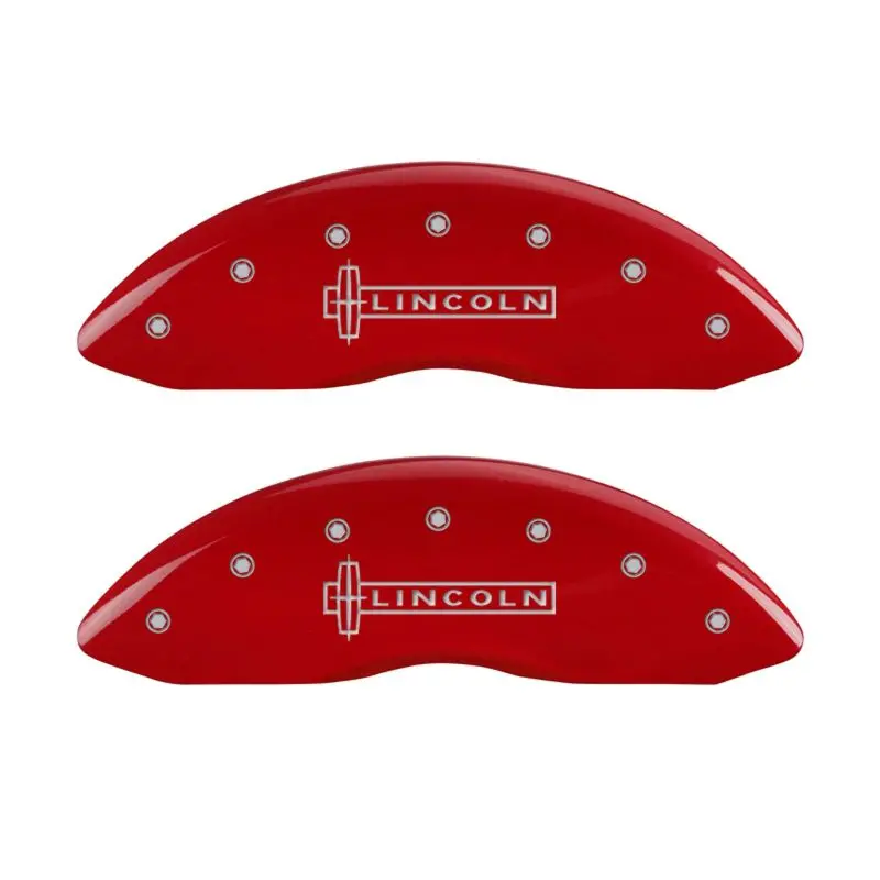 Mgp Engraved 4-Piston Caliper Covers — Lincoln-Themed Design, Red Finish With Silver Chrome Accents (Front & Rear) 1