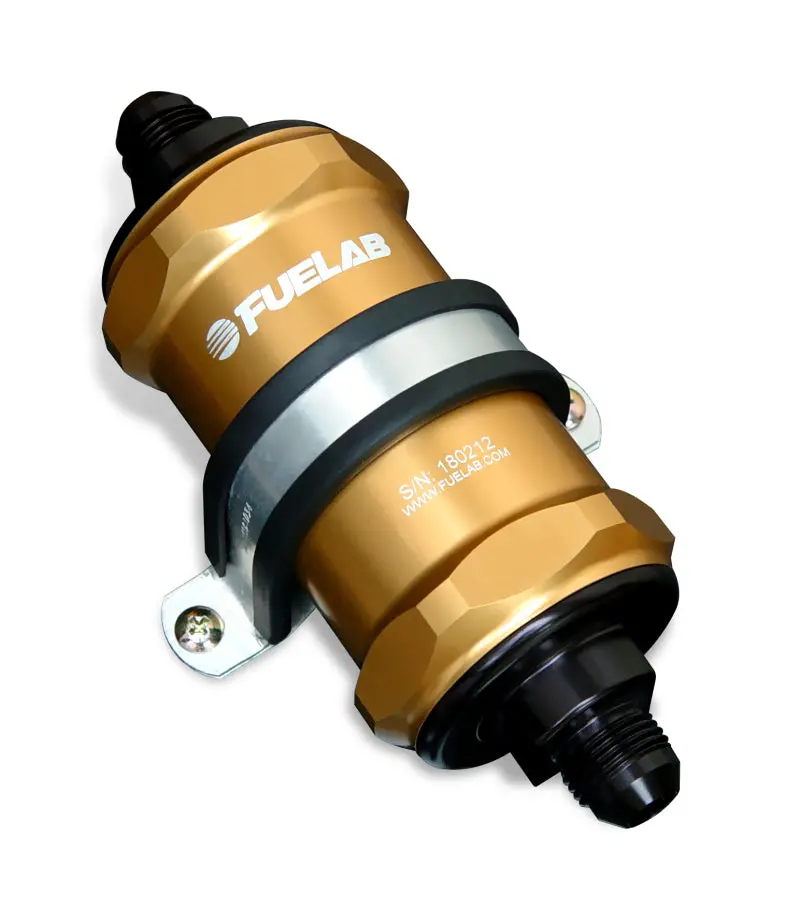Fuelab 848 In-Line Fuel Filter Standard -12An In/-8An Out 100 Micron Stainless W/Check Valve - Gold 1