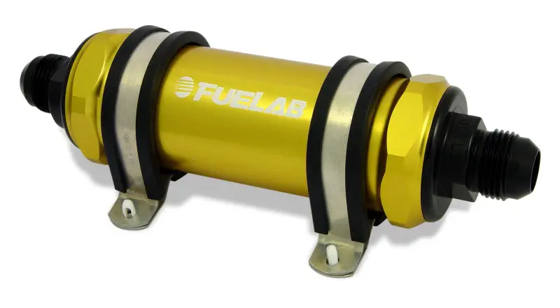 Fuelab 858 In-Line Fuel Filter – -10An Inlet / -8An Outlet, 40-Micron Stainless Steel, Integrated Check Valve, Gold Finish 1