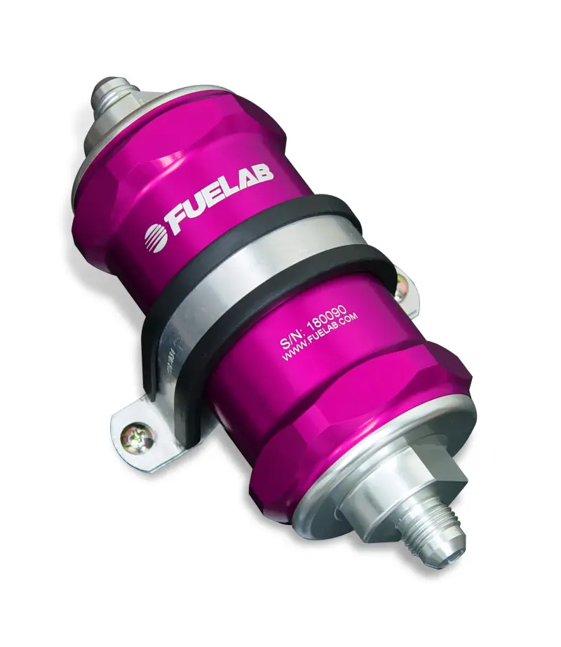 Fuelab 848 Stainless Steel Inline Fuel Filter – -8An Inlet / -6An Outlet, 40-Micron W/ Integrated Check Valve (Purple) 1